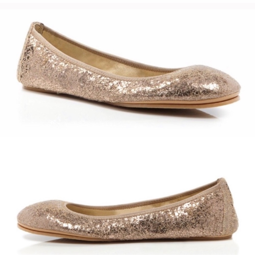 STUART WEITZMAN FRISKY CRACKLED NATURAL KID PENNY BALLET FLATS METALLIC …